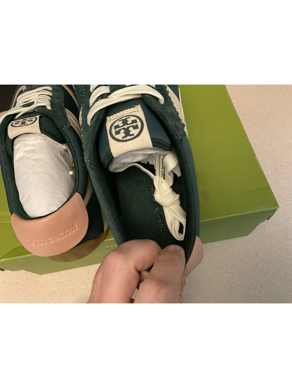New! Womens Tory Burch HANK Nylon & Suede Sneakers, Bottle Green/Pink. Size 8.